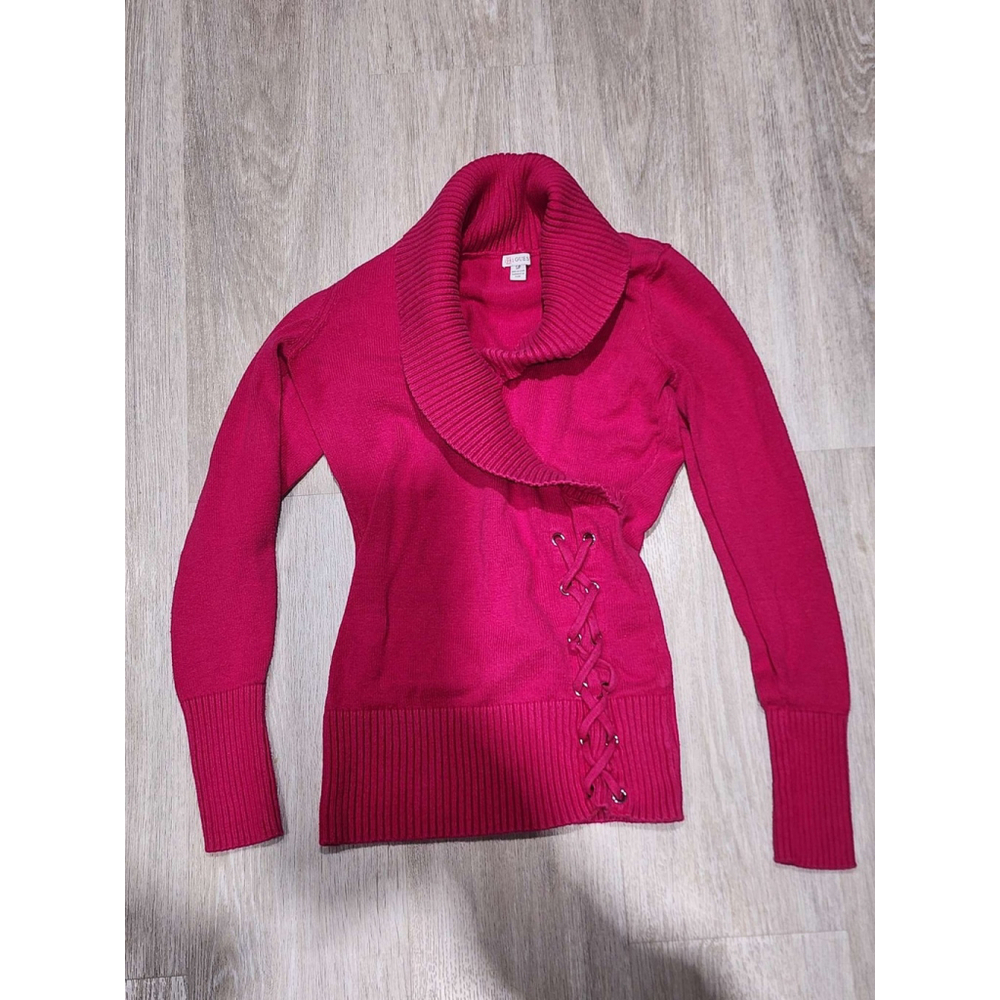 GUESS Women's Cowl Neck Sweater Laced Detail Hot Pink Small S Ribbed Knit Used